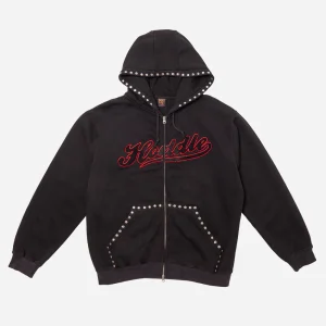 HODDLE - STUDDED INTARSIA SCRIPT ZIP UP HOODIE - Black