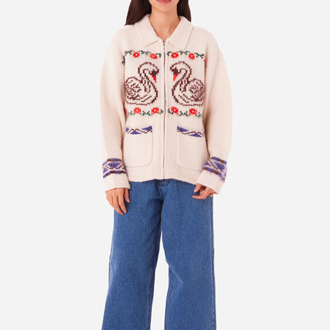 OBEY W - SWANS ZIP SWEATER - Unbleached Multi – Image 3