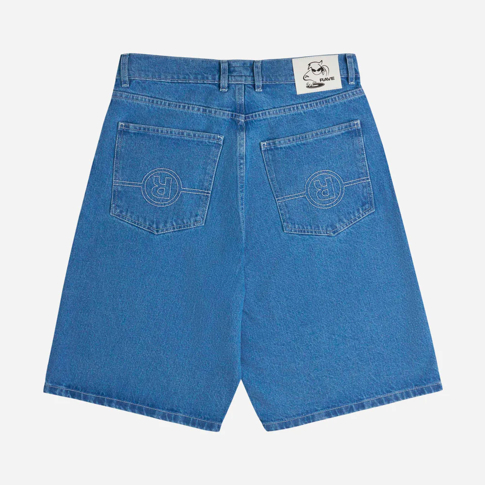 RAVE SKATEBOARDS - TRES GROS DENIM SHORT- Blue Rinse White Stitches