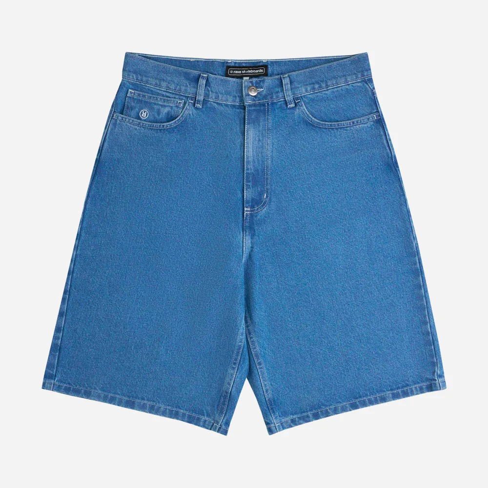 RAVE SKATEBOARDS - TRES GROS DENIM SHORT- Blue Rinse White Stitches – Image 3