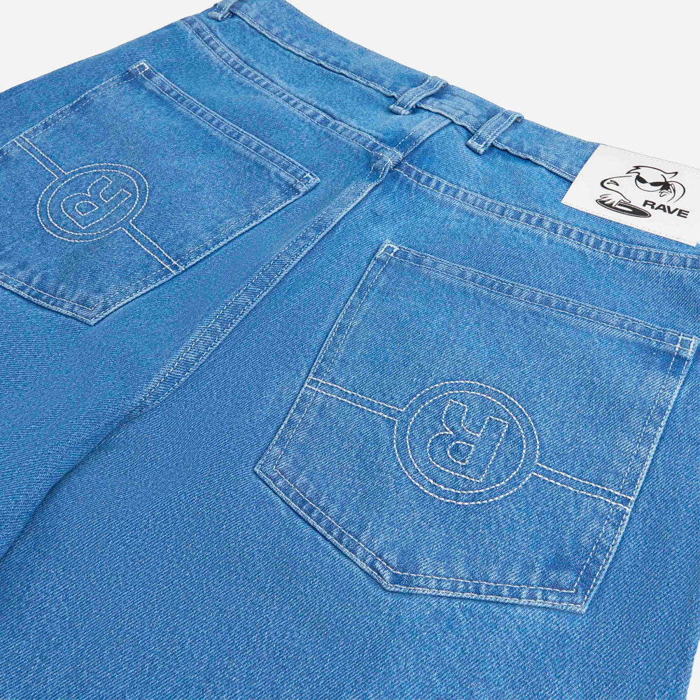 RAVE SKATEBOARDS - TRES GROS DENIM SHORT- Blue Rinse White Stitches – Image 5