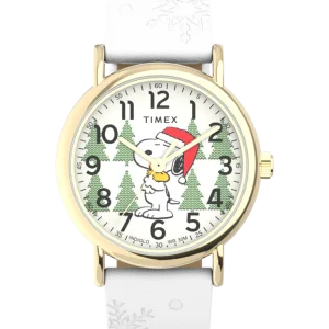 TIMEX - WEEKENDER X PEANUTS HOLIDAY 38MM LEATHER STRAP WATCH - White/Gold-Tone