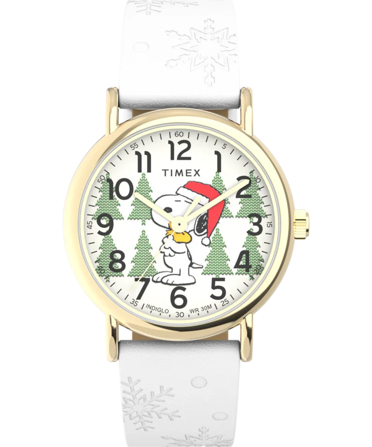 TIMEX - WEEKENDER X PEANUTS HOLIDAY 38MM LEATHER STRAP WATCH - White/Gold-Tone