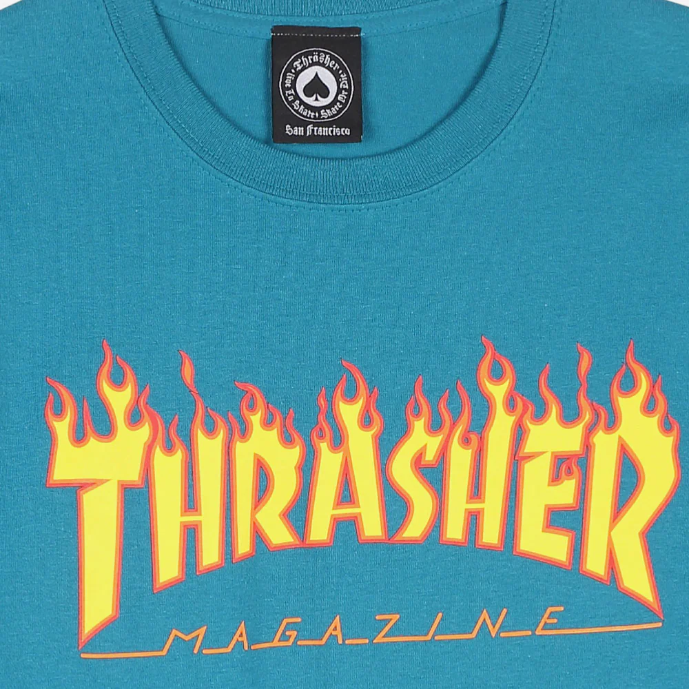 THRASHER - FLAME LOGO TEE - Galapagos Blue – Image 3