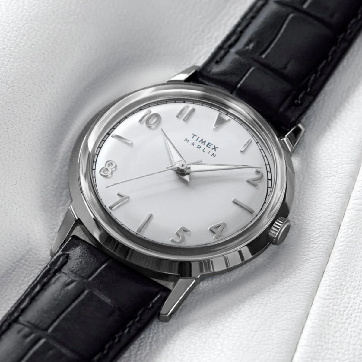 Timex - Marlin Quartz 34mm Leather Strap Watch - Silver White / Black Croco – Image 8