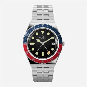 Timex - Q Timex GMT 38mm Stainless Steel Bracelet Watch - Navy / Red Top Ring