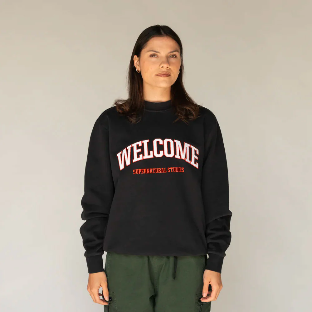 WELCOME SKATEBOARDS - STUDENT EMBROIDERED PIGMENT DYED CREW - Black – Image 5
